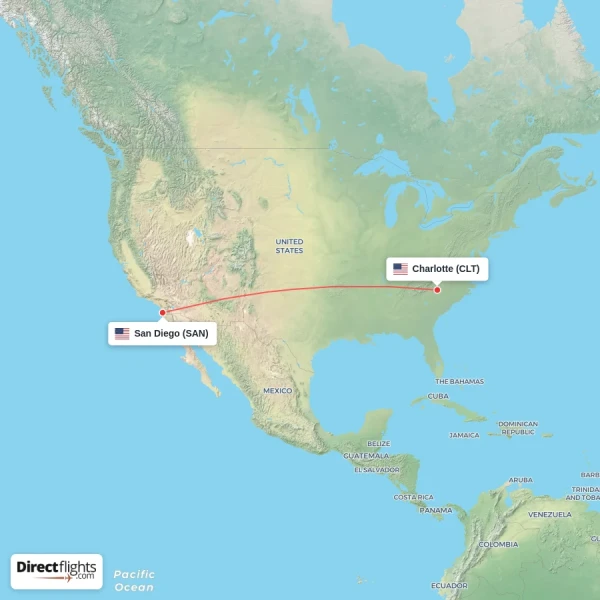 San Diego - Charlotte direct flight map