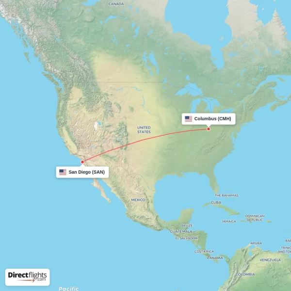 San Diego - Columbus direct flight map