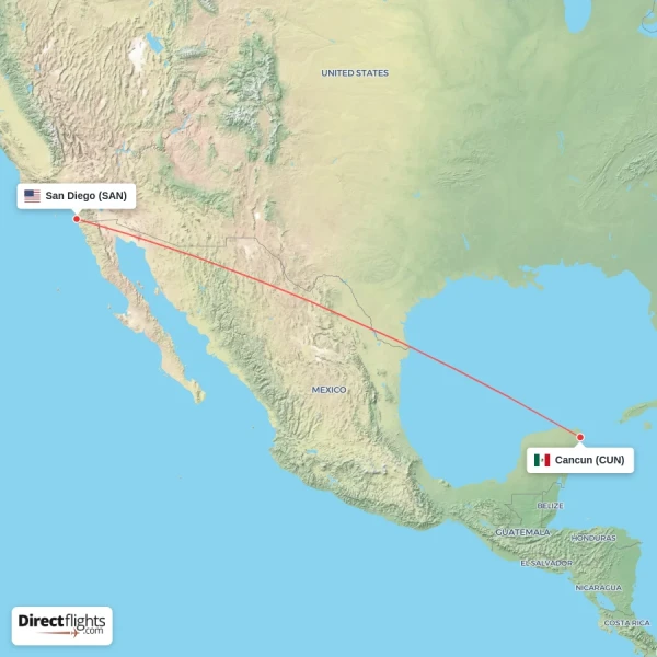 San Diego - Cancun direct flight map