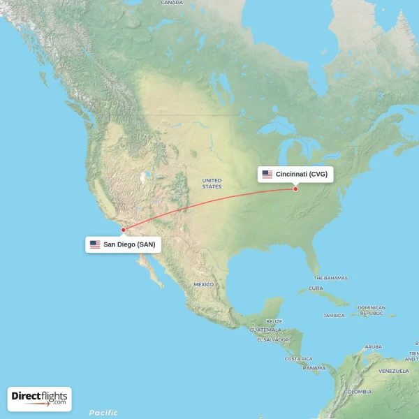 San Diego - Cincinnati direct flight map