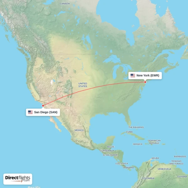 San Diego - New York direct flight map