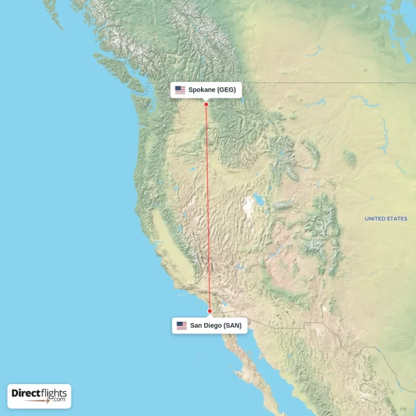 San Diego - Spokane direct flight map