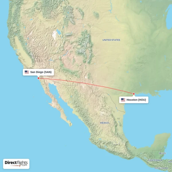 San Diego - Houston direct flight map