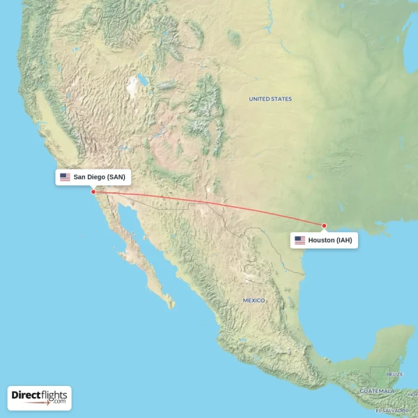 San Diego - Houston direct flight map