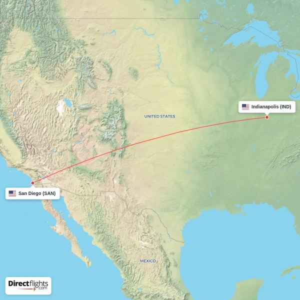 San Diego - Indianapolis direct flight map