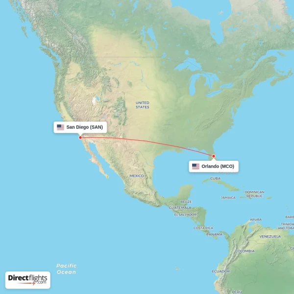 San Diego - Orlando direct flight map