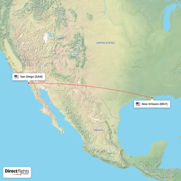 San Diego - New Orleans direct flight map