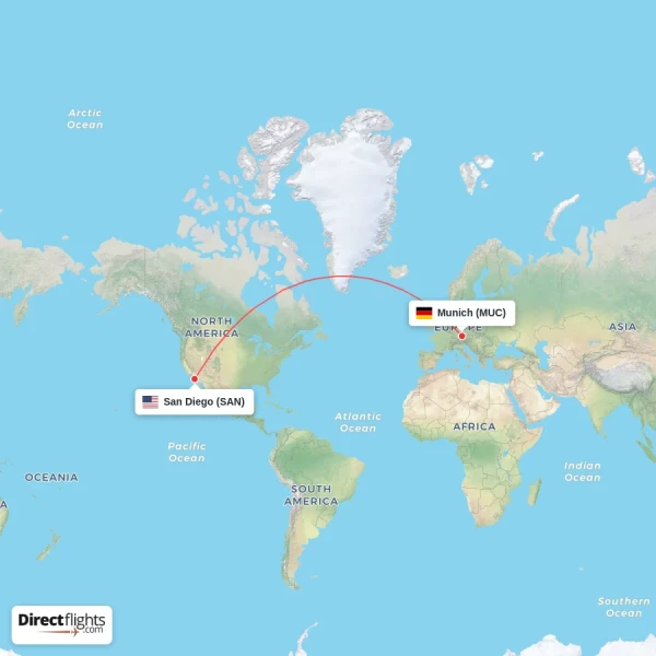 San Diego - Munich direct flight map