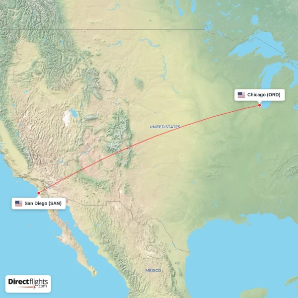 San Diego - Chicago direct flight map