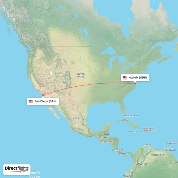 San Diego - Norfolk direct flight map