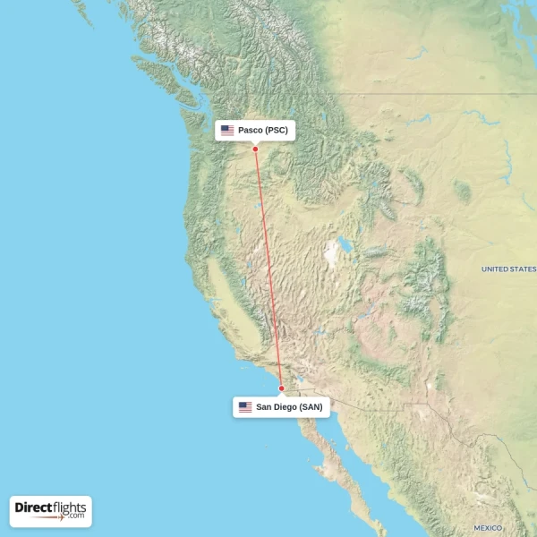 San Diego - Pasco direct flight map