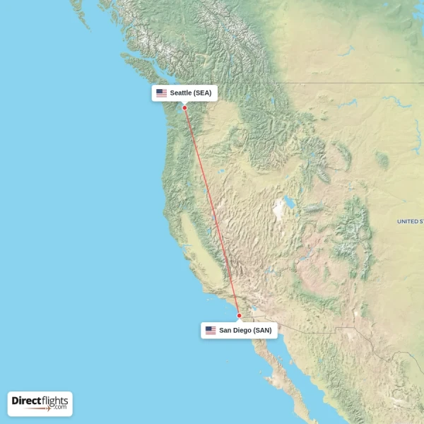 San Diego - Seattle direct flight map