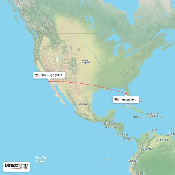 San Diego - Tampa direct flight map