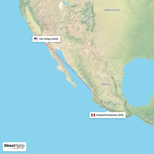 San Diego - Ixtapa/Zihuatanejo direct flight map