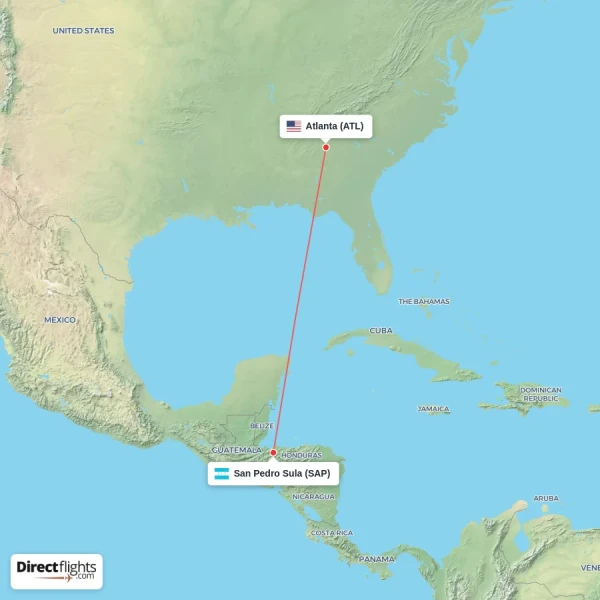San Pedro Sula - Atlanta direct flight map