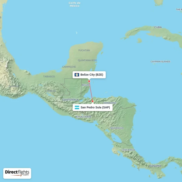 San Pedro Sula - Belize City direct flight map