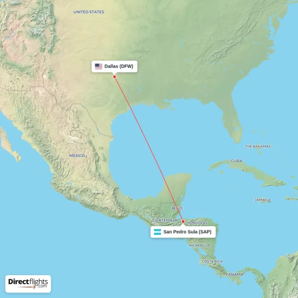 San Pedro Sula - Dallas direct flight map