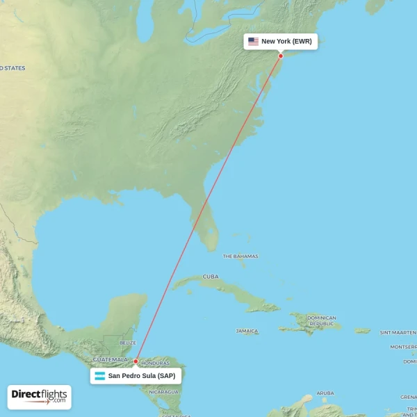 San Pedro Sula - New York direct flight map