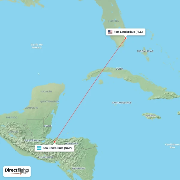 San Pedro Sula - Fort Lauderdale direct flight map