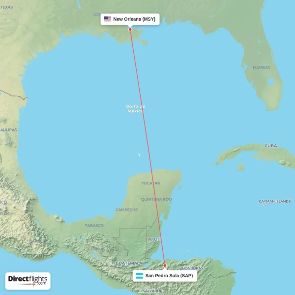 San Pedro Sula - New Orleans direct flight map