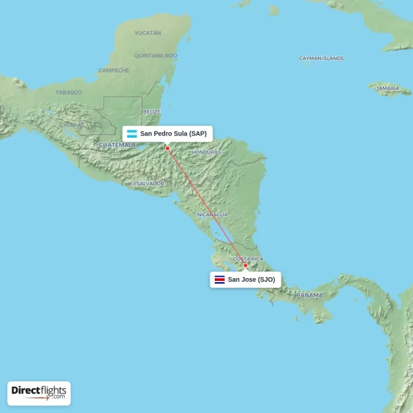 San Pedro Sula - San Jose direct flight map