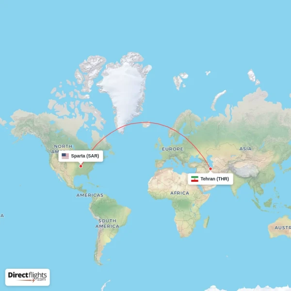 Sparta - Tehran direct flight map