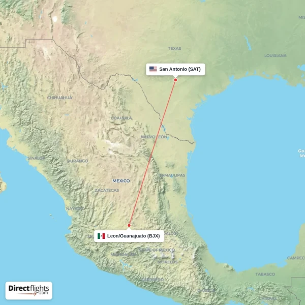 San Antonio - Leon/Guanajuato direct flight map