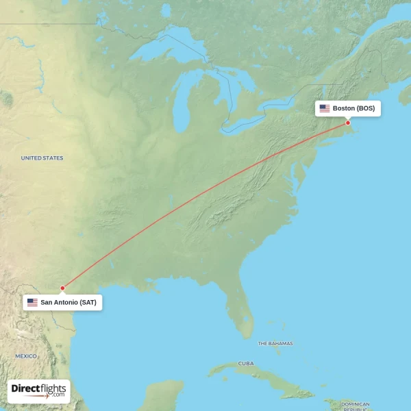 San Antonio - Boston direct flight map