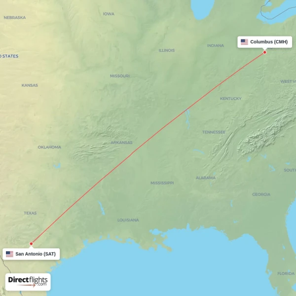 San Antonio - Columbus direct flight map