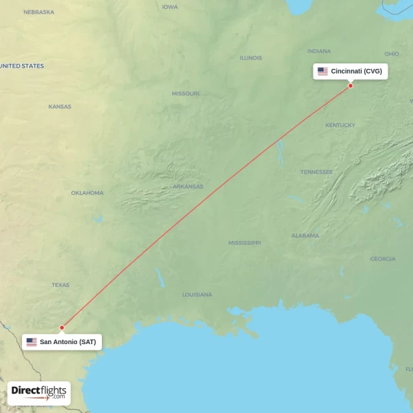 San Antonio - Cincinnati direct flight map
