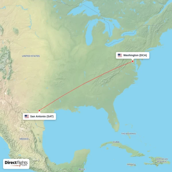 San Antonio - Washington direct flight map