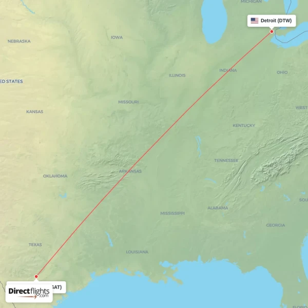 San Antonio - Detroit direct flight map