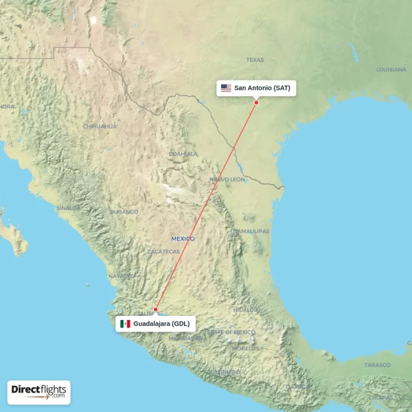 San Antonio - Guadalajara direct flight map