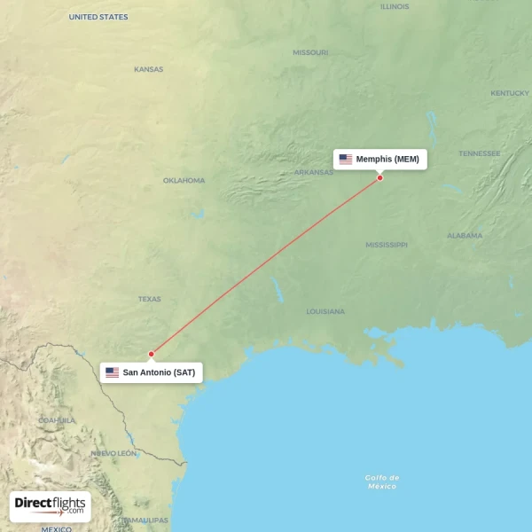 San Antonio - Memphis direct flight map