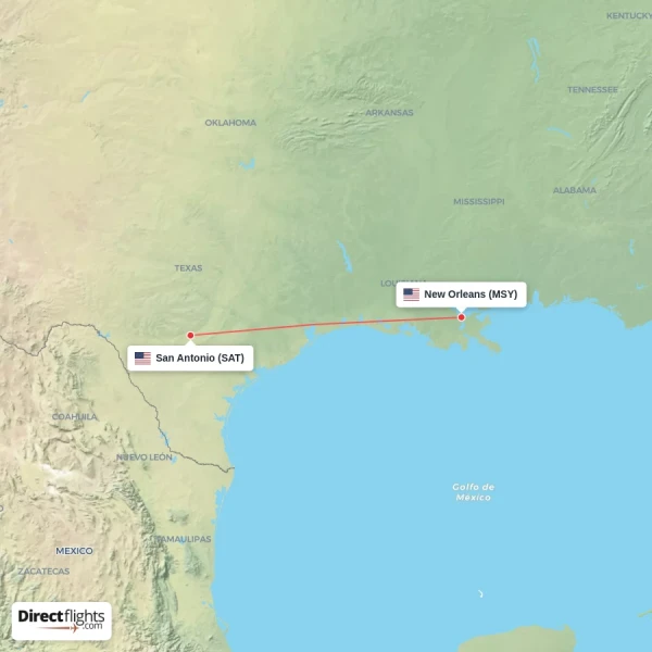 San Antonio - New Orleans direct flight map