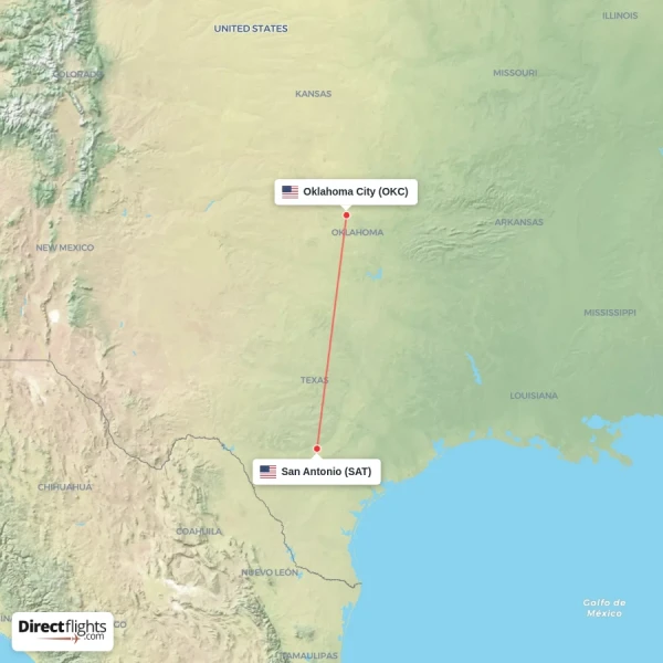 San Antonio - Oklahoma City direct flight map