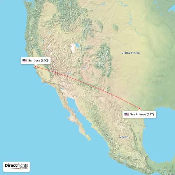 San Antonio - San Jose direct flight map