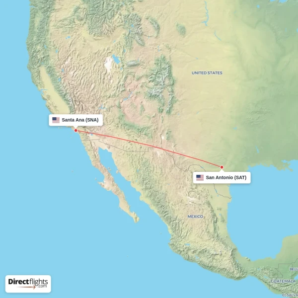 San Antonio - Santa Ana direct flight map