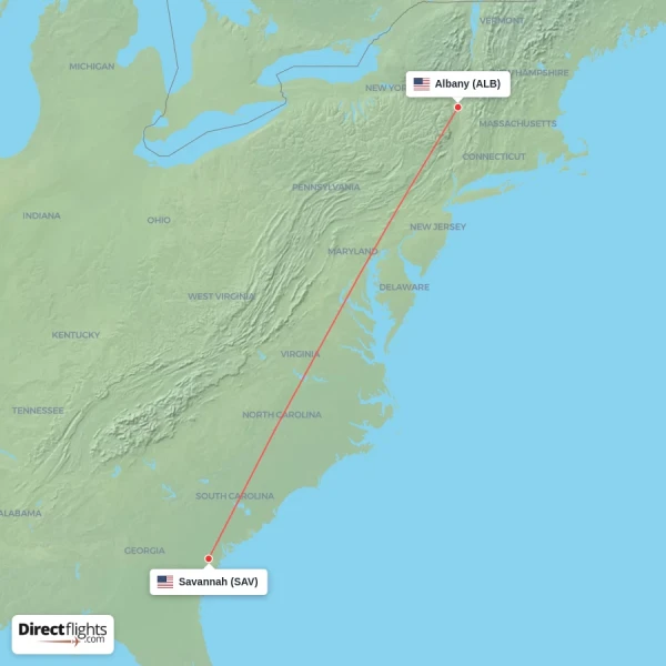 Savannah - Albany direct flight map