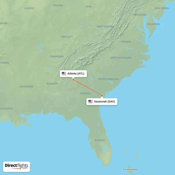 Savannah - Atlanta direct flight map