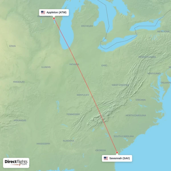 Savannah - Appleton direct flight map