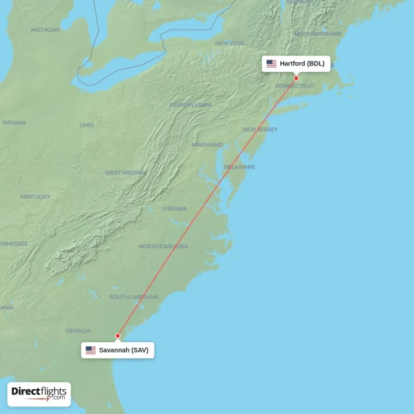 Savannah - Hartford direct flight map