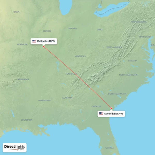 Savannah - Belleville direct flight map
