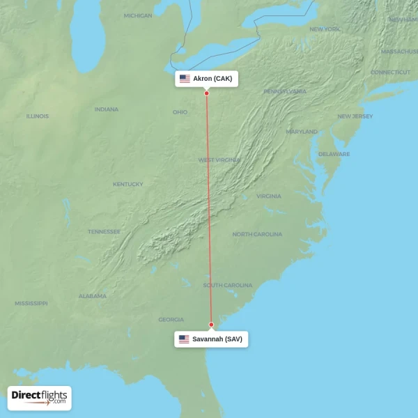 Savannah - Akron direct flight map