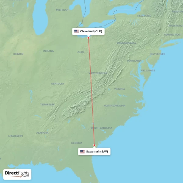 Savannah - Cleveland direct flight map