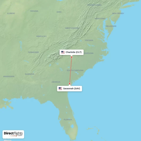 Savannah - Charlotte direct flight map
