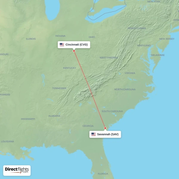 Savannah - Cincinnati direct flight map