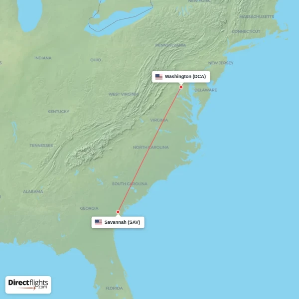 Savannah - Washington direct flight map
