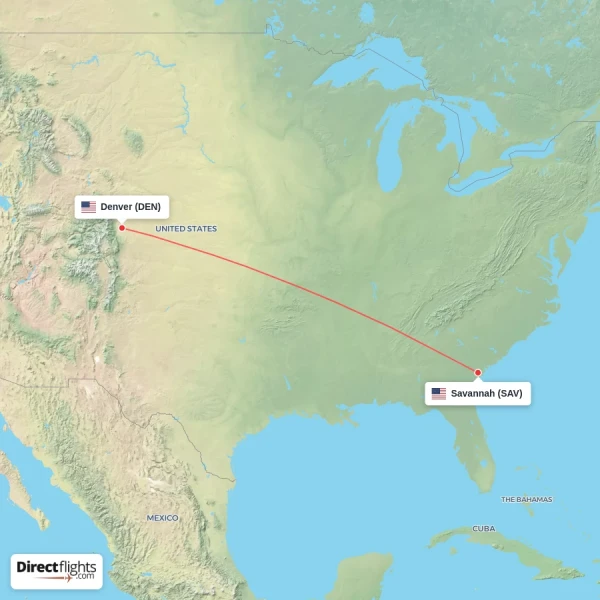 Savannah - Denver direct flight map