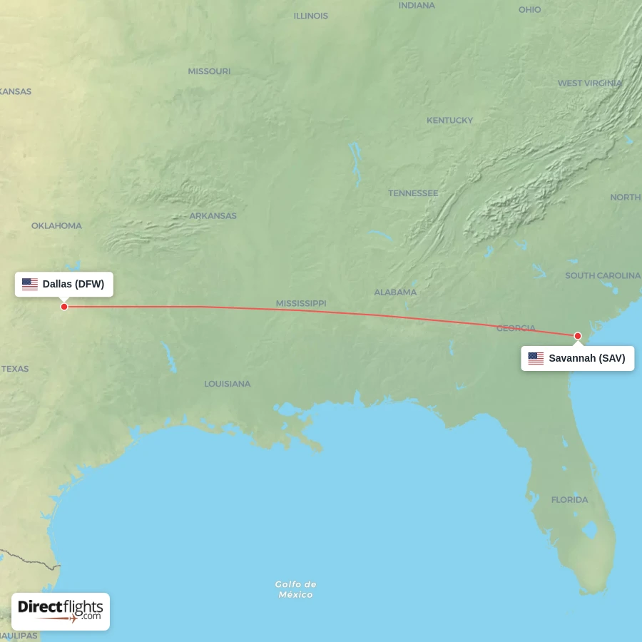 SAV - DFW route map